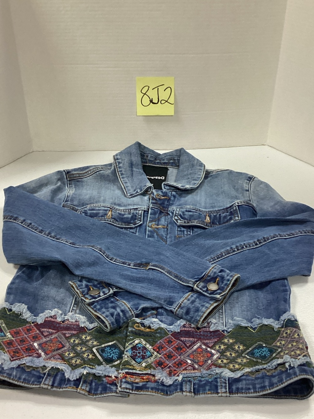 Desigual Blue Denim Jacket with Multicolor Embroidered Hem